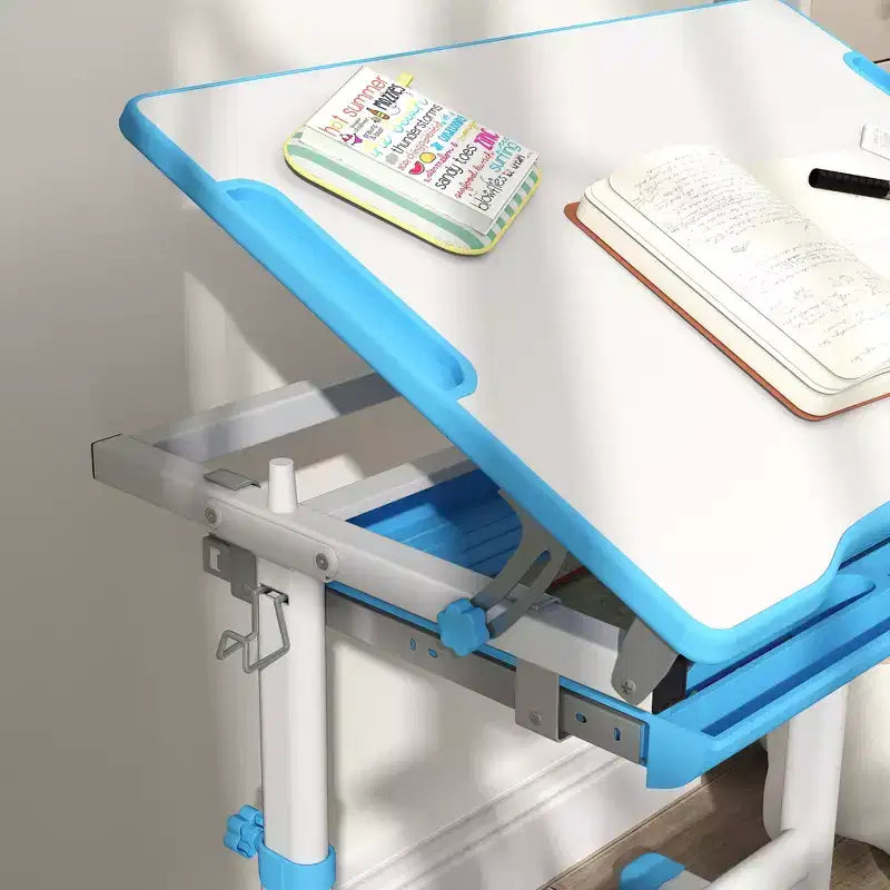 Ensemble bureau et chaises pour enfants Qaba, bureau d'étude scolaire réglable en hauteur avec plateau inclinable, tiroir de rangement, fente à stylo, crochet