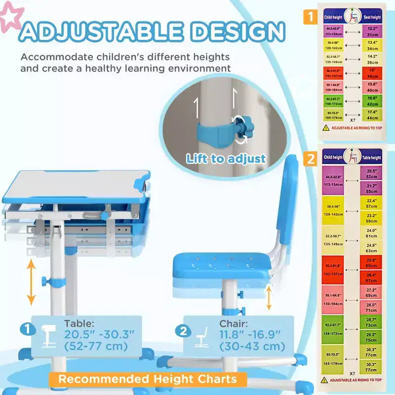 Ensemble bureau et chaises pour enfants Qaba, bureau d'étude scolaire réglable en hauteur avec plateau inclinable, tiroir de rangement, fente à stylo, crochet