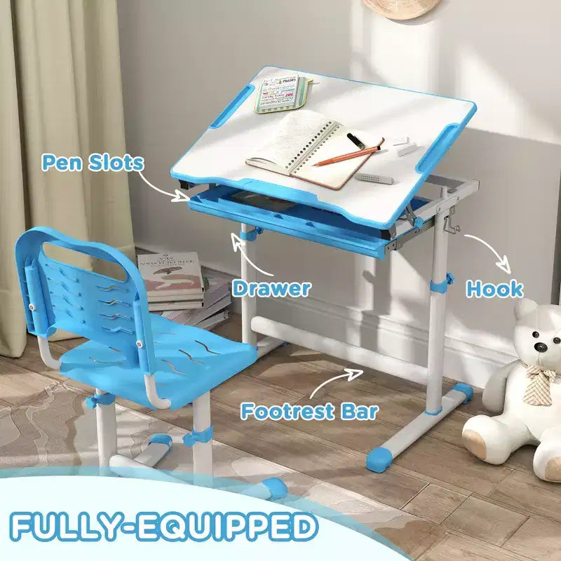 Ensemble bureau et chaises pour enfants Qaba, bureau d'étude scolaire réglable en hauteur avec plateau inclinable, tiroir de rangement, fente à stylo, crochet
