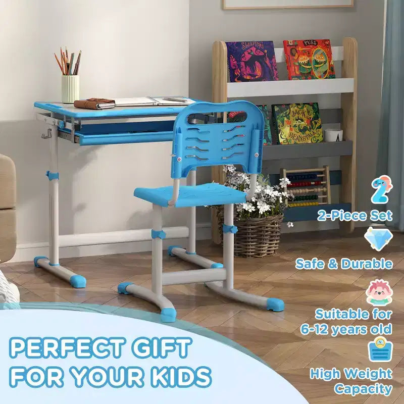 Ensemble bureau et chaises pour enfants Qaba, bureau d'étude scolaire réglable en hauteur avec plateau inclinable, tiroir de rangement, fente à stylo, crochet