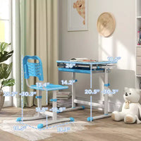 Ensemble bureau et chaises pour enfants Qaba, bureau d'étude scolaire réglable en hauteur avec plateau inclinable, tiroir de rangement, fente à stylo, crochet