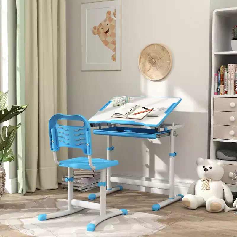 Ensemble bureau et chaises pour enfants Qaba, bureau d'étude scolaire réglable en hauteur avec plateau inclinable, tiroir de rangement, fente à stylo, crochet