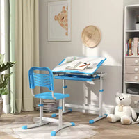 Ensemble bureau et chaises pour enfants Qaba, bureau d'étude scolaire réglable en hauteur avec plateau inclinable, tiroir de rangement, fente à stylo, crochet