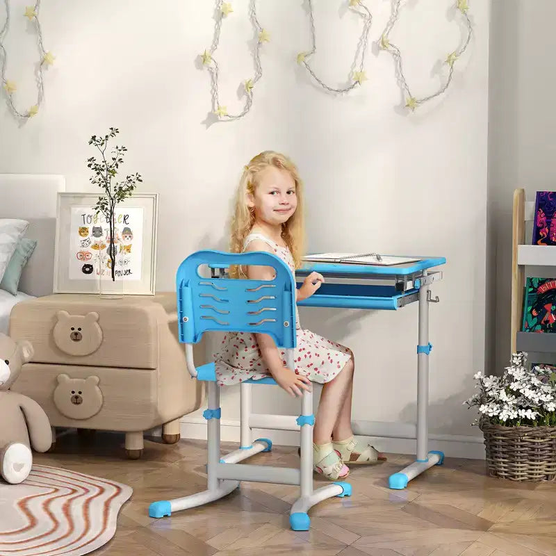 Ensemble bureau et chaises pour enfants Qaba, bureau d'étude scolaire réglable en hauteur avec plateau inclinable, tiroir de rangement, fente à stylo, crochet