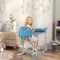 Ensemble bureau et chaises pour enfants Qaba, bureau d'étude scolaire réglable en hauteur avec plateau inclinable, tiroir de rangement, fente à stylo, crochet