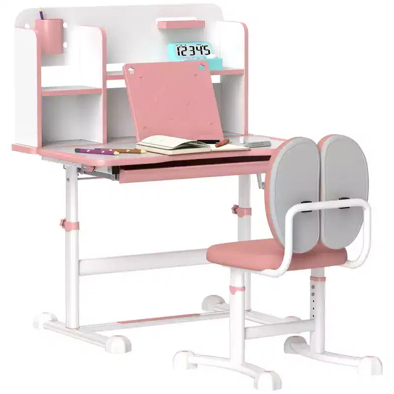 Pupitre et chaise pour enfants Qaba, ensemble bureau et chaise d'étude pour enfants réglable en hauteur avec plateau inclinable, tiroir de rangement et porte-livre, rose