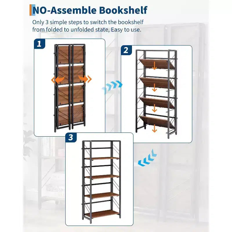 Étagère pliante 4/5 niveaux - bibliothèque industrielle gain de place sans assemblage pour bureau à domicile