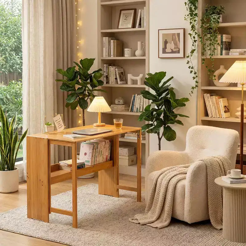 Bureau pliant FurnitureR en bambou naturel avec étagère de rangement, table d'écriture rabattable peu encombrante pour petits espaces, bureau ou salle d'étude