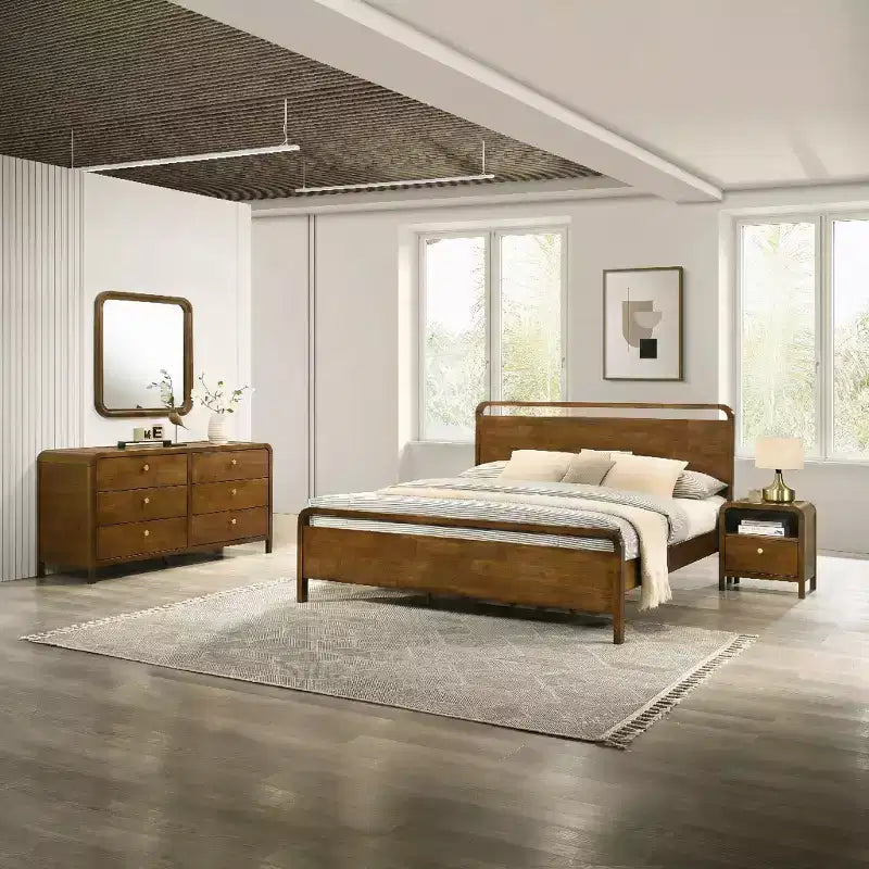 Ensemble de chambre Roundhill Furniture Eldren en bois, lit plateforme avec commode, miroir et table de chevet, finition noyer