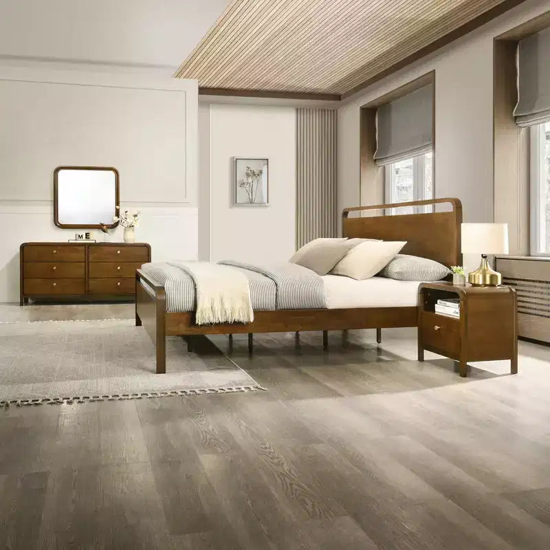 Ensemble de chambre Roundhill Furniture Eldren en bois, lit plateforme avec commode, miroir et table de chevet, finition noyer