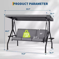 Balançoire de porche 3 places d'extérieur avec support, balançoire de patio avec auvent réglable, coussins amovibles épaissis et porte-gobelets pour jardin