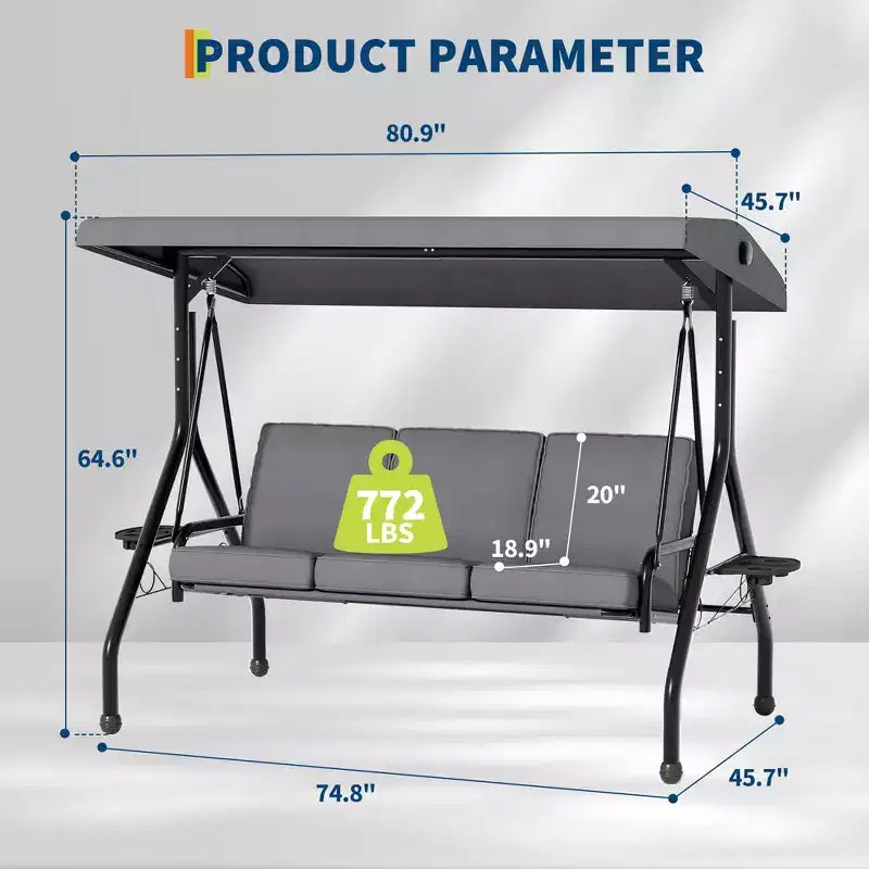 Balançoire de porche 3 places d'extérieur avec support, balançoire de patio avec auvent réglable, coussins amovibles épaissis et porte-gobelets pour jardin
