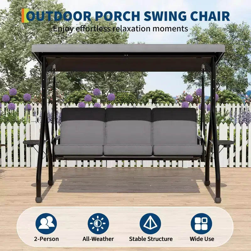 Balançoire de porche 3 places d'extérieur avec support, balançoire de patio avec auvent réglable, coussins amovibles épaissis et porte-gobelets pour jardin