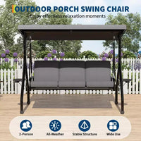 Balançoire de porche 3 places d'extérieur avec support, balançoire de patio avec auvent réglable, coussins amovibles épaissis et porte-gobelets pour jardin