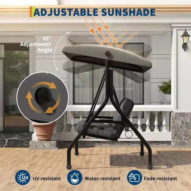 Balançoire de porche 3 places d'extérieur avec support, balançoire de patio avec auvent réglable, coussins amovibles épaissis et porte-gobelets pour jardin