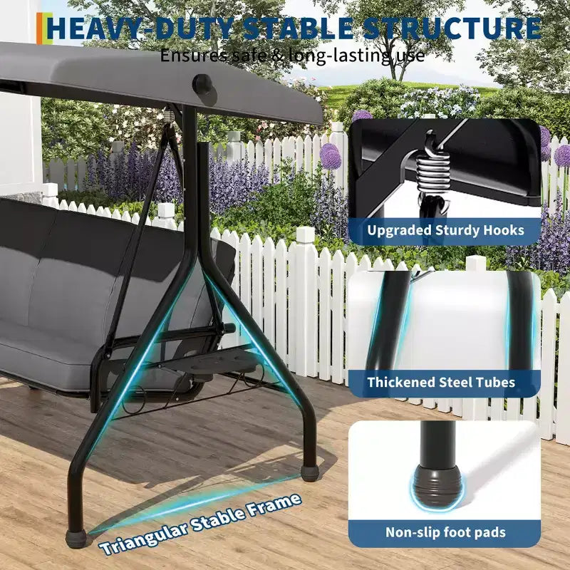 Balançoire de porche 3 places d'extérieur avec support, balançoire de patio avec auvent réglable, coussins amovibles épaissis et porte-gobelets pour jardin
