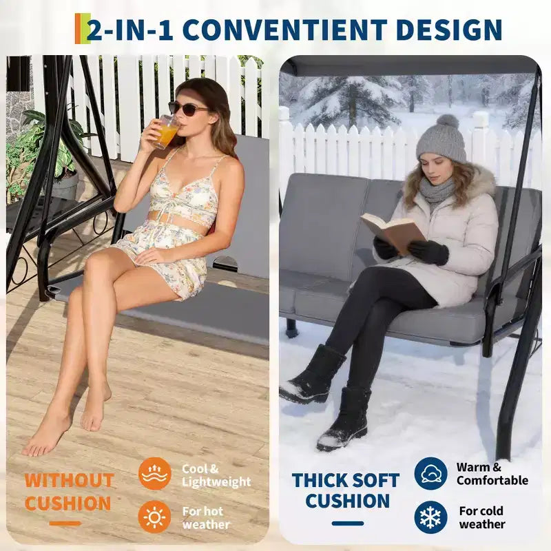 Balançoire de porche 3 places d'extérieur avec support, balançoire de patio avec auvent réglable, coussins amovibles épaissis et porte-gobelets pour jardin