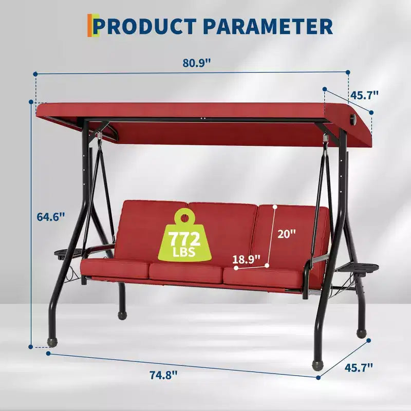Balançoire de porche 3 places d'extérieur avec support, balançoire de patio avec auvent réglable, coussins amovibles épaissis et porte-gobelets pour jardin