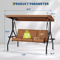 Balançoire de porche 3 places d'extérieur avec support, balançoire de patio avec auvent réglable, coussins amovibles épaissis et porte-gobelets pour jardin