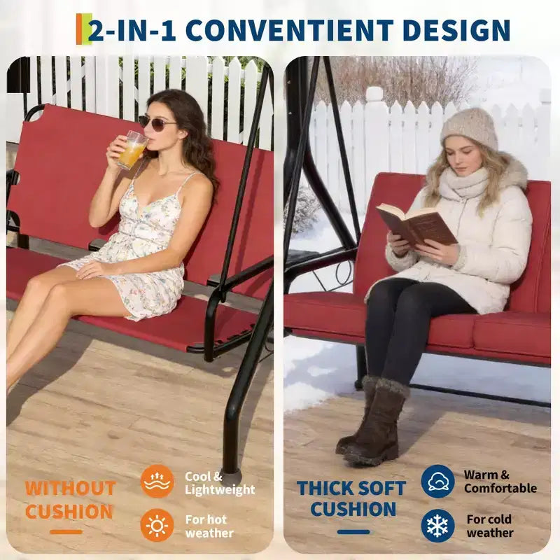 Balançoire de porche 3 places d'extérieur avec support, balançoire de patio avec auvent réglable, coussins amovibles épaissis et porte-gobelets pour jardin