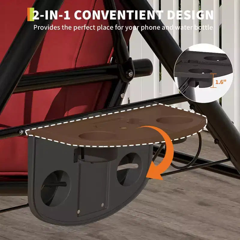 Balançoire de porche 3 places d'extérieur avec support, balançoire de patio avec auvent réglable, coussins amovibles épaissis et porte-gobelets pour jardin
