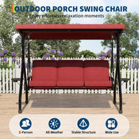 Balançoire de porche 3 places d'extérieur avec support, balançoire de patio avec auvent réglable, coussins amovibles épaissis et porte-gobelets pour jardin
