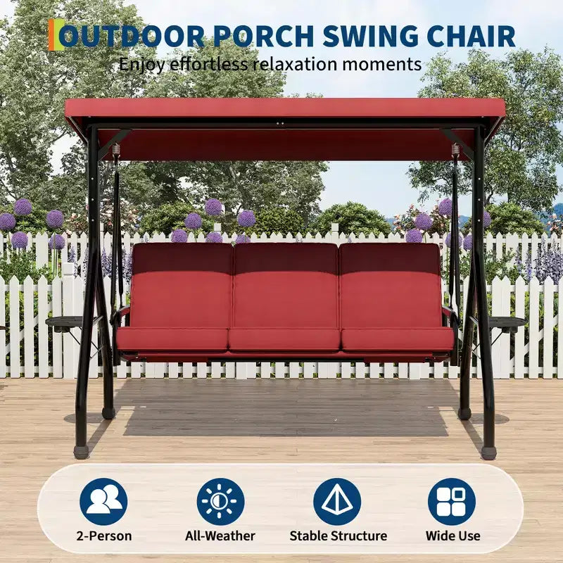 Balançoire de porche 3 places d'extérieur avec support, balançoire de patio avec auvent réglable, coussins amovibles épaissis et porte-gobelets pour jardin