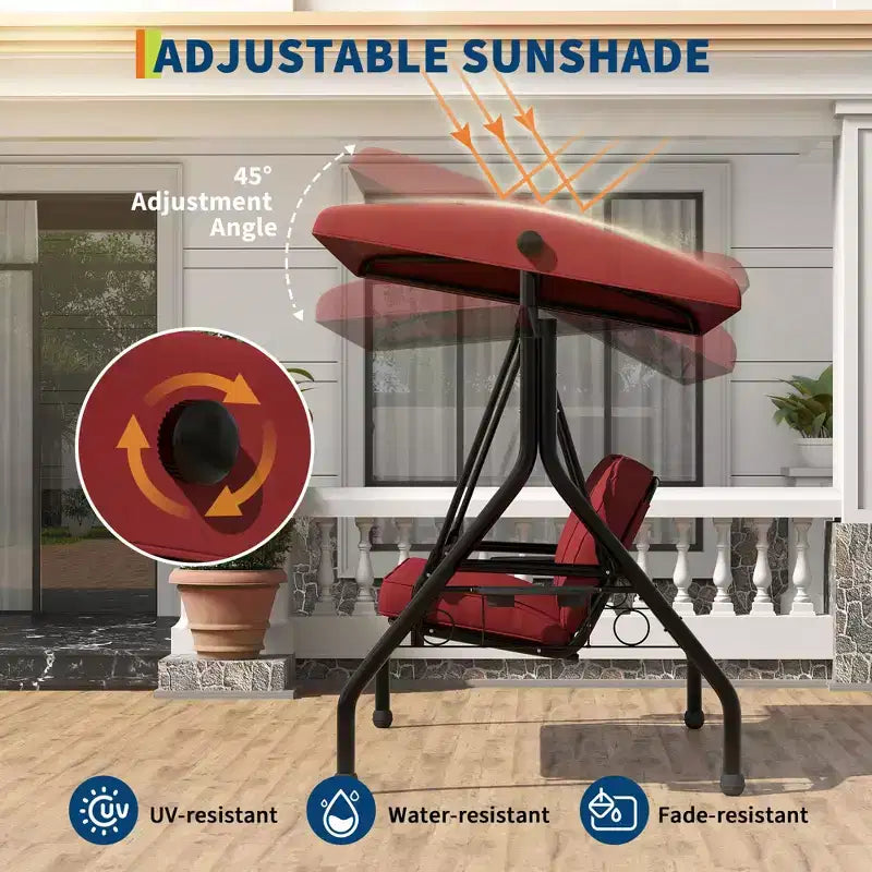 Balançoire de porche 3 places d'extérieur avec support, balançoire de patio avec auvent réglable, coussins amovibles épaissis et porte-gobelets pour jardin