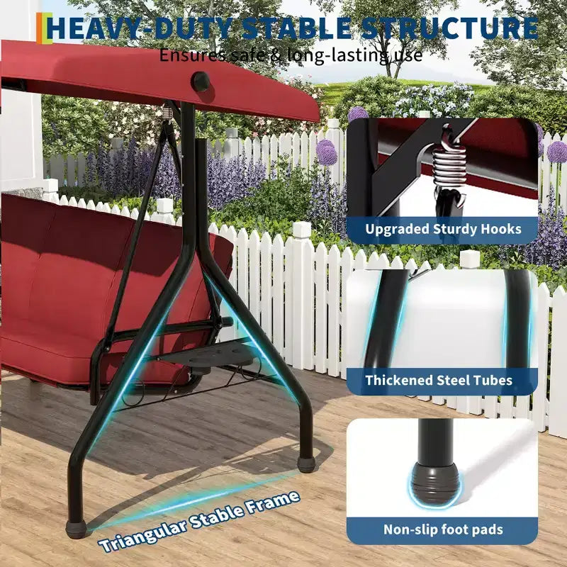 Balançoire de porche 3 places d'extérieur avec support, balançoire de patio avec auvent réglable, coussins amovibles épaissis et porte-gobelets pour jardin