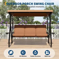 Balançoire de porche 3 places d'extérieur avec support, balançoire de patio avec auvent réglable, coussins amovibles épaissis et porte-gobelets pour jardin