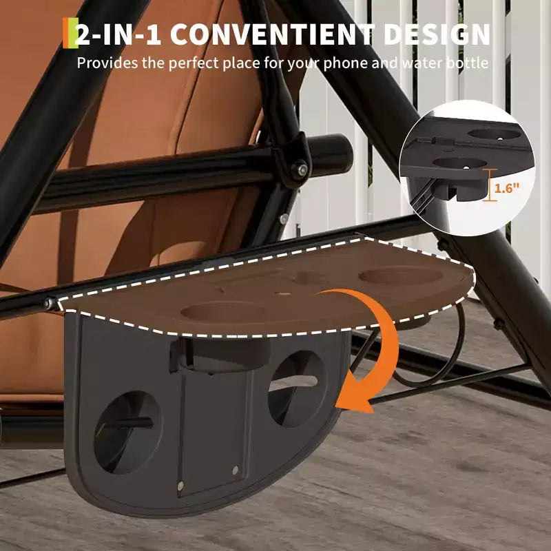 Balançoire de porche 3 places d'extérieur avec support, balançoire de patio avec auvent réglable, coussins amovibles épaissis et porte-gobelets pour jardin