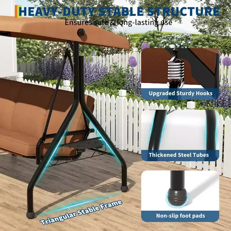 Balançoire de porche 3 places d'extérieur avec support, balançoire de patio avec auvent réglable, coussins amovibles épaissis et porte-gobelets pour jardin