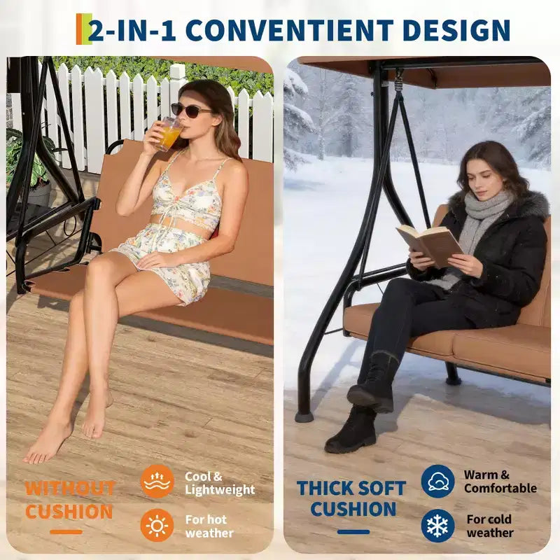 Balançoire de porche 3 places d'extérieur avec support, balançoire de patio avec auvent réglable, coussins amovibles épaissis et porte-gobelets pour jardin