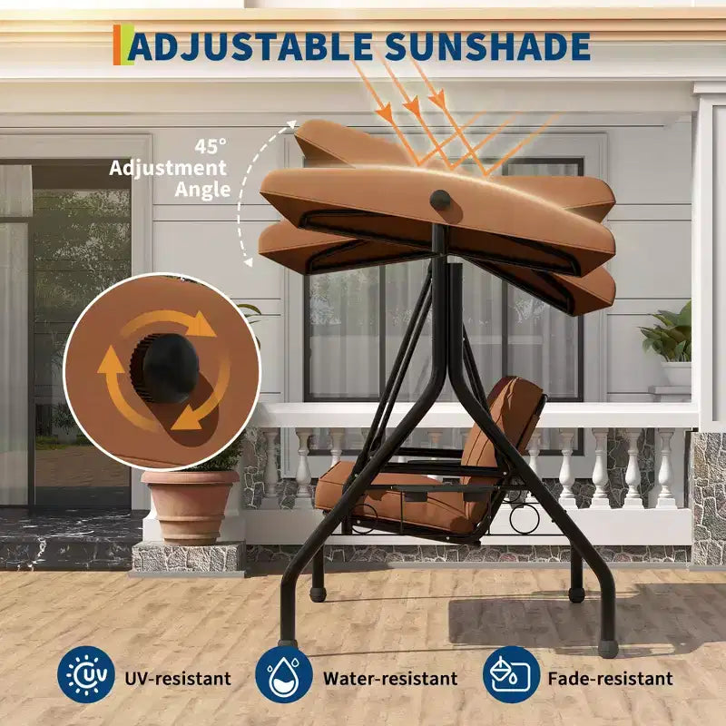 Balançoire de porche 3 places d'extérieur avec support, balançoire de patio avec auvent réglable, coussins amovibles épaissis et porte-gobelets pour jardin
