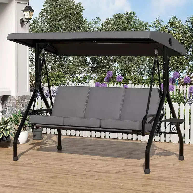 Balançoire de porche 3 places d'extérieur avec support, balançoire de patio avec auvent réglable, coussins amovibles épaissis et porte-gobelets pour jardin