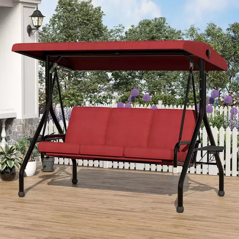 Balançoire de porche 3 places d'extérieur avec support, balançoire de patio avec auvent réglable, coussins amovibles épaissis et porte-gobelets pour jardin