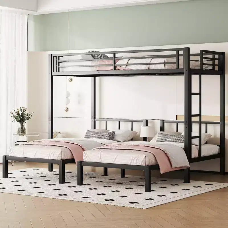Lit superposé triple en métal Bellemave, deux lits jumeaux superposés et un lit jumeau, en forme de L détachable, convertible en 3 lits, barrières de sécurité et étagère, noir