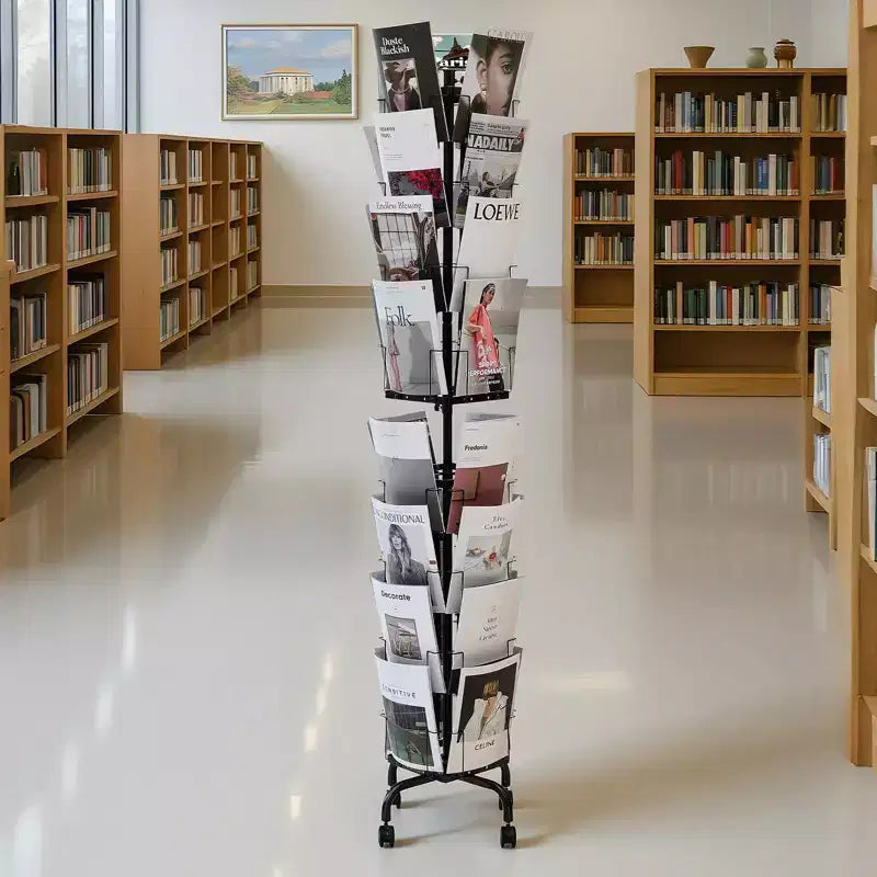 Présentoir à cartes rotatif 32 pochettes avec roulettes et porte-affiche - Présentoir tournant à 360 degrés