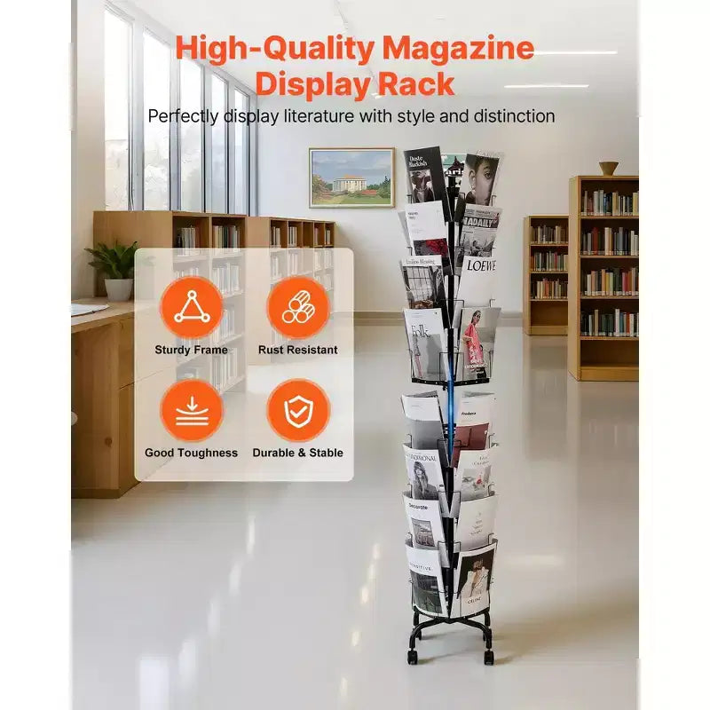 Présentoir à cartes rotatif 32 pochettes avec roulettes et porte-affiche - Présentoir tournant à 360 degrés