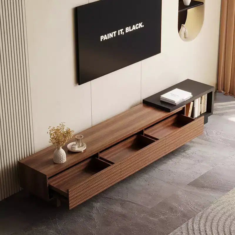 Meuble TV extensible Luck Live du milieu du siècle 78,74-102,3 po avec 3 tiroirs, façade texturée et console multimédia moderne pour salon