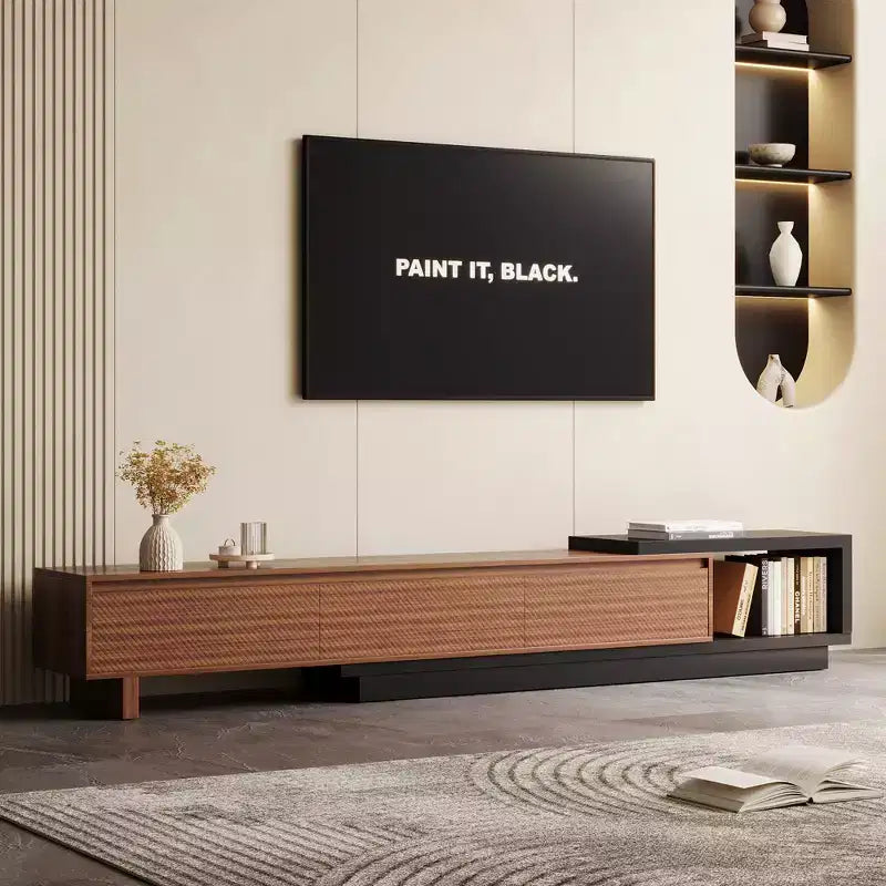 Meuble TV extensible Luck Live du milieu du siècle 78,74-102,3 po avec 3 tiroirs, façade texturée et console multimédia moderne pour salon