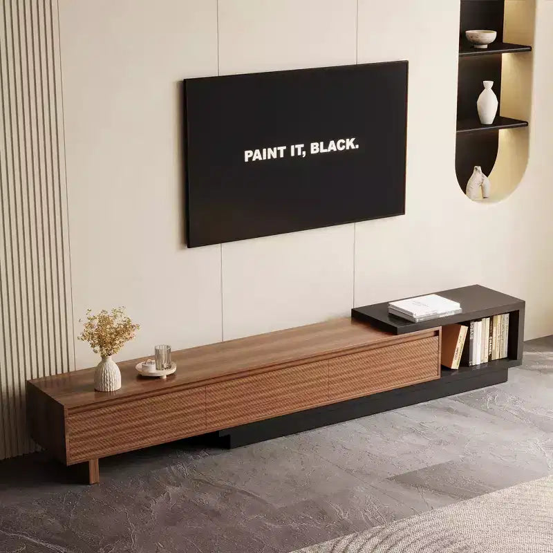 Meuble TV extensible Luck Live du milieu du siècle 78,74-102,3 po avec 3 tiroirs, façade texturée et console multimédia moderne pour salon