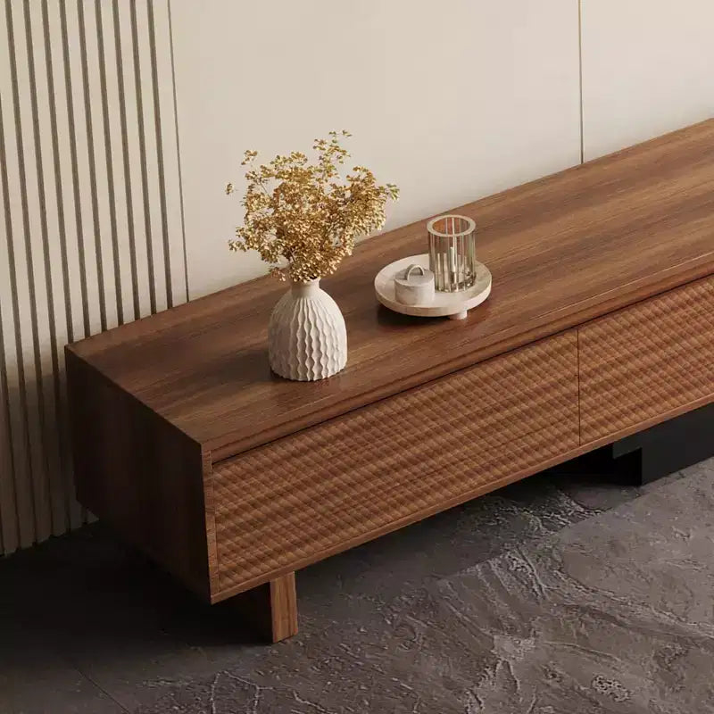 Meuble TV extensible Luck Live du milieu du siècle 78,74-102,3 po avec 3 tiroirs, façade texturée et console multimédia moderne pour salon