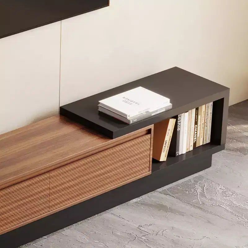 Meuble TV extensible Luck Live du milieu du siècle 78,74-102,3 po avec 3 tiroirs, façade texturée et console multimédia moderne pour salon