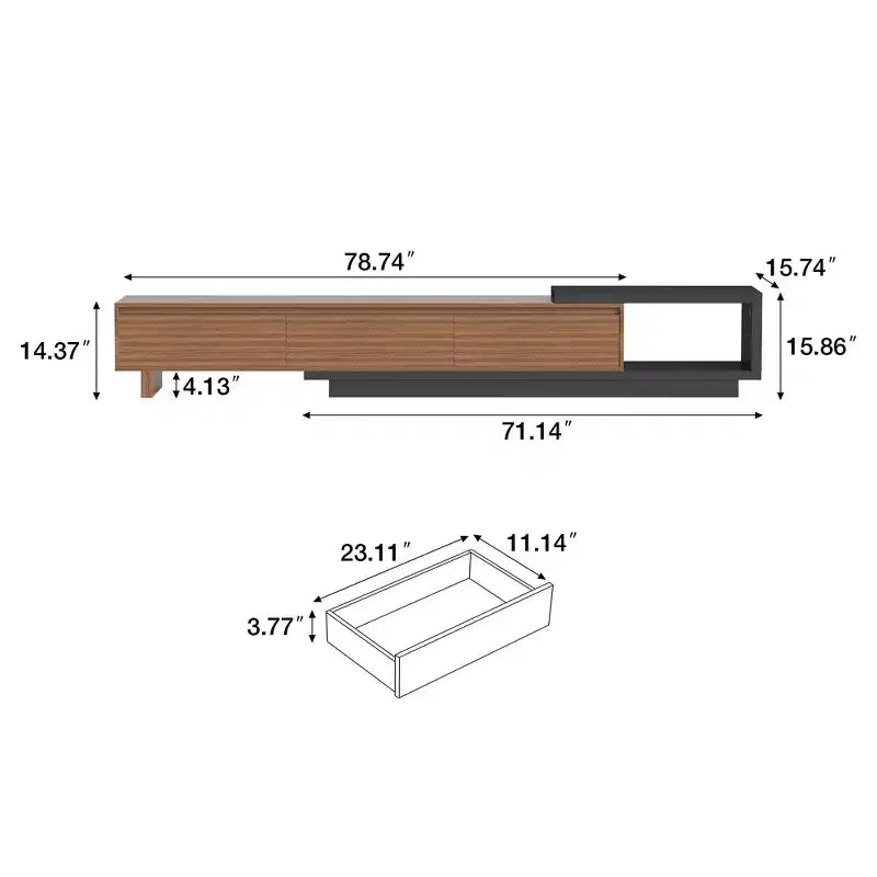 Meuble TV extensible Luck Live du milieu du siècle 78,74-102,3 po avec 3 tiroirs, façade texturée et console multimédia moderne pour salon