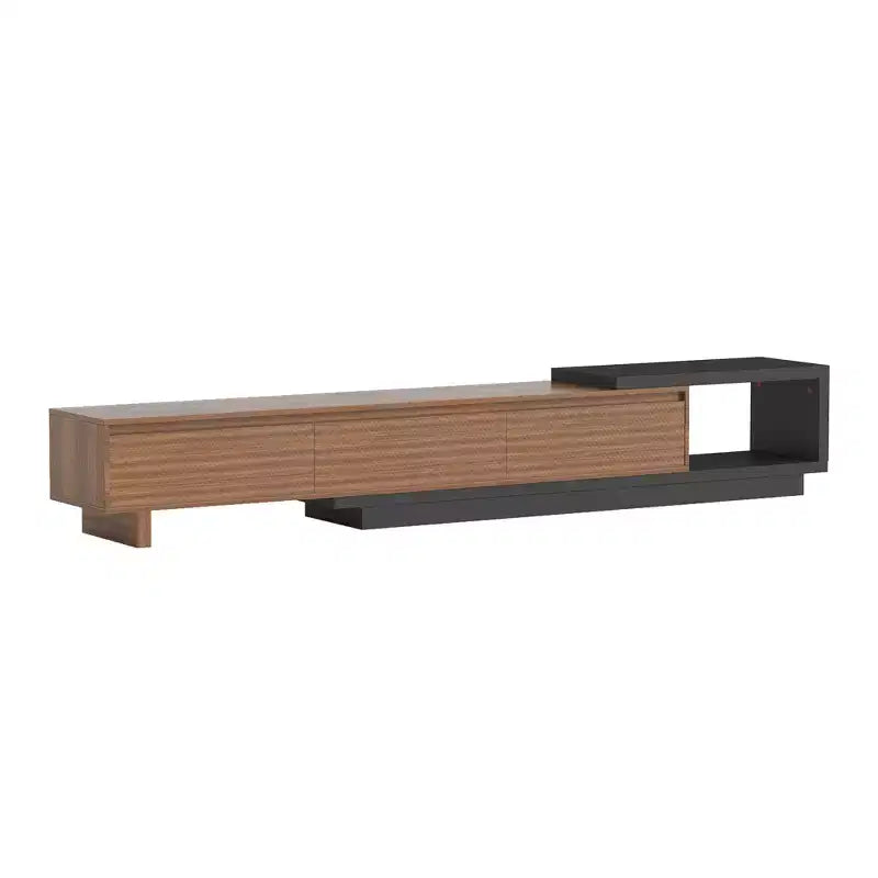 Meuble TV extensible Luck Live du milieu du siècle 78,74-102,3 po avec 3 tiroirs, façade texturée et console multimédia moderne pour salon