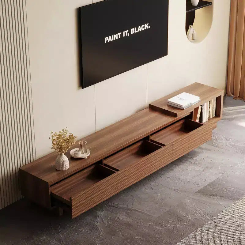 Meuble TV extensible Luck Live du milieu du siècle 78,74-102,3 po avec 3 tiroirs, façade texturée et console multimédia moderne pour salon