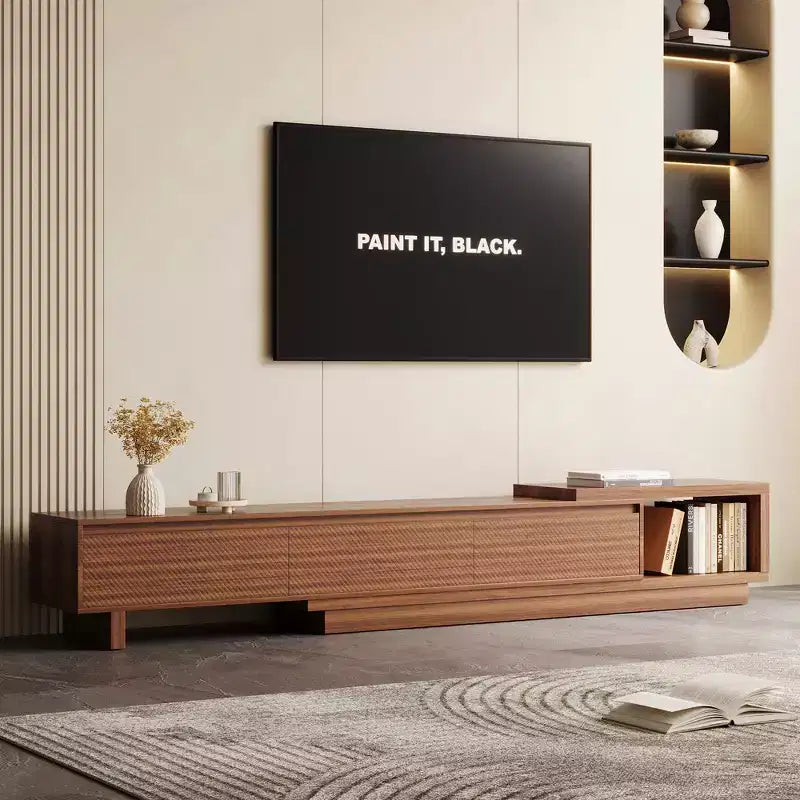 Meuble TV extensible Luck Live du milieu du siècle 78,74-102,3 po avec 3 tiroirs, façade texturée et console multimédia moderne pour salon