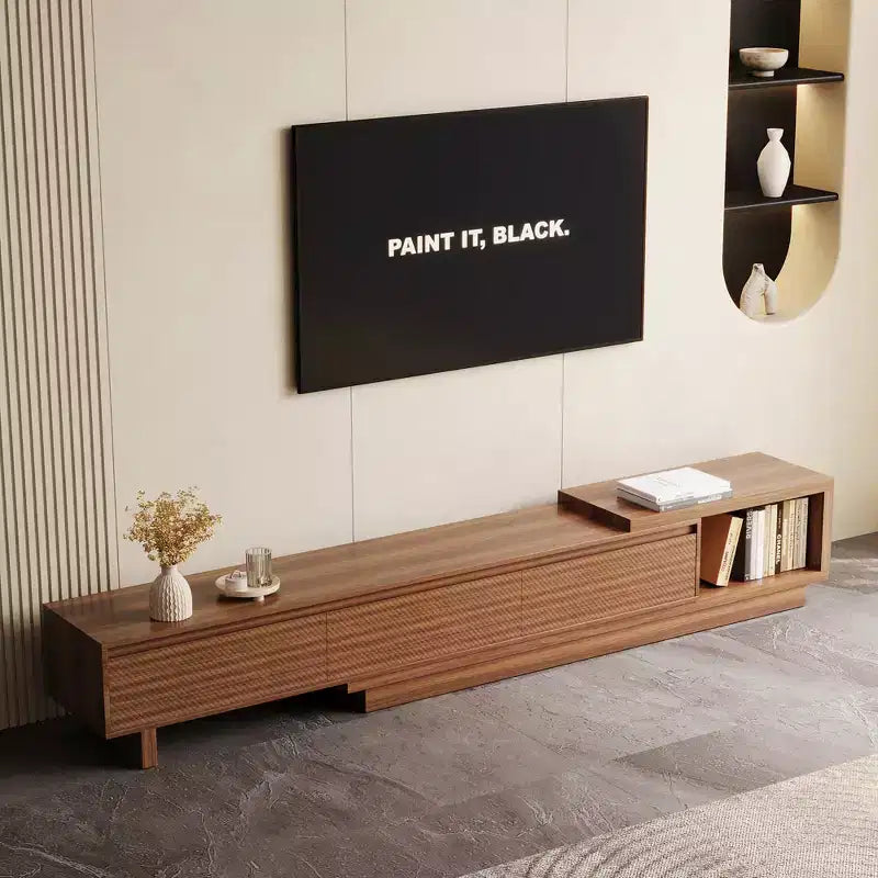 Meuble TV extensible Luck Live du milieu du siècle 78,74-102,3 po avec 3 tiroirs, façade texturée et console multimédia moderne pour salon