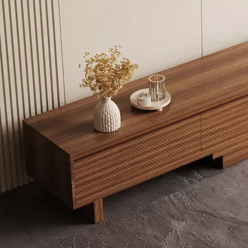 Meuble TV extensible Luck Live du milieu du siècle 78,74-102,3 po avec 3 tiroirs, façade texturée et console multimédia moderne pour salon